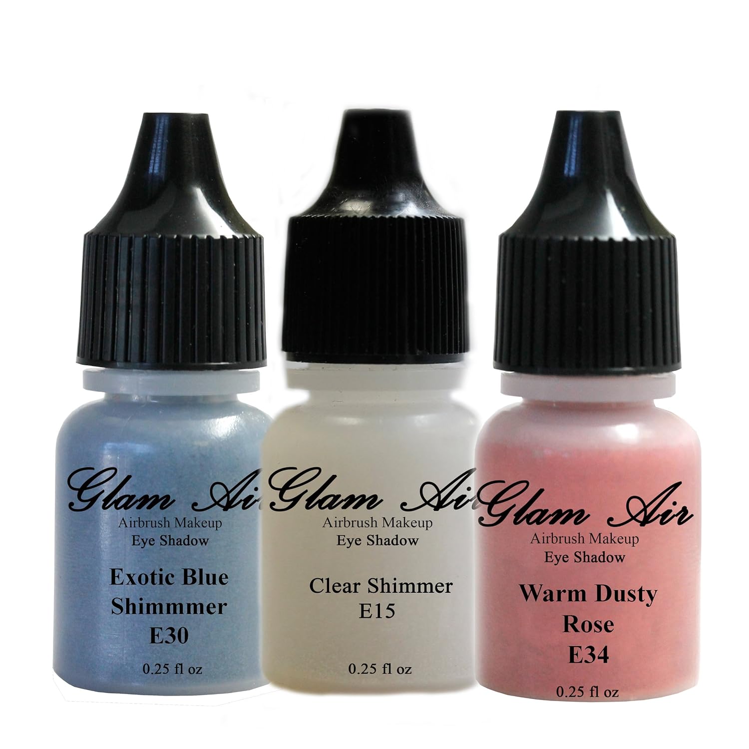 Set of Three (3) Shades of Glam Air Airbrush Eye Shadow Makeup E15 Clear Shimmer, E30 Exotic Blue Shimmer and E34 Warm Dusty Rose Water-based Formula Last All Day (For All Skin Types) 0.25oz Bottles