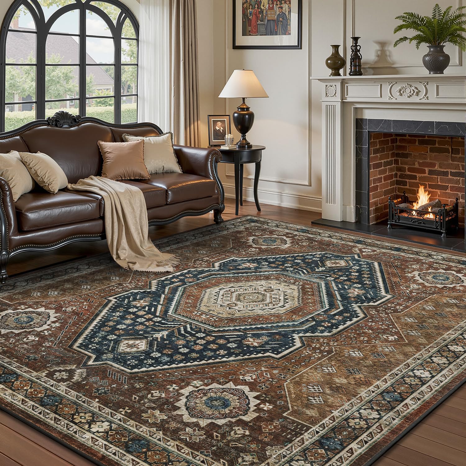 Photo 1 of RESARE-Area Rug 8X10 Rug for Living Room-Machine Washable Rugs for Bedroom-Soft Vintage Blue Orange Non Slip Carpet- Rug for Dining Room Office Under Bed or Table