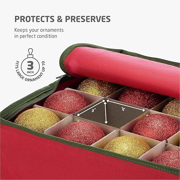ZOBER CHRISTMAS ORNAMENT STORAGE BOX – STORES 64 3″ ORNAMENTS, WITH DIVIDERS – ORNAMENT ORGANIZER STORAGE BOX, DURABLE CHRISTMAS CONTAINERS HOLDER, DUAL ZIPPER – RED