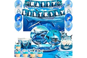 Shark Birthday Party Decorations Supplies, 10 Guests Shark Party Tableware Set Under the Sea Plates Napkins Tablecloths Ballo