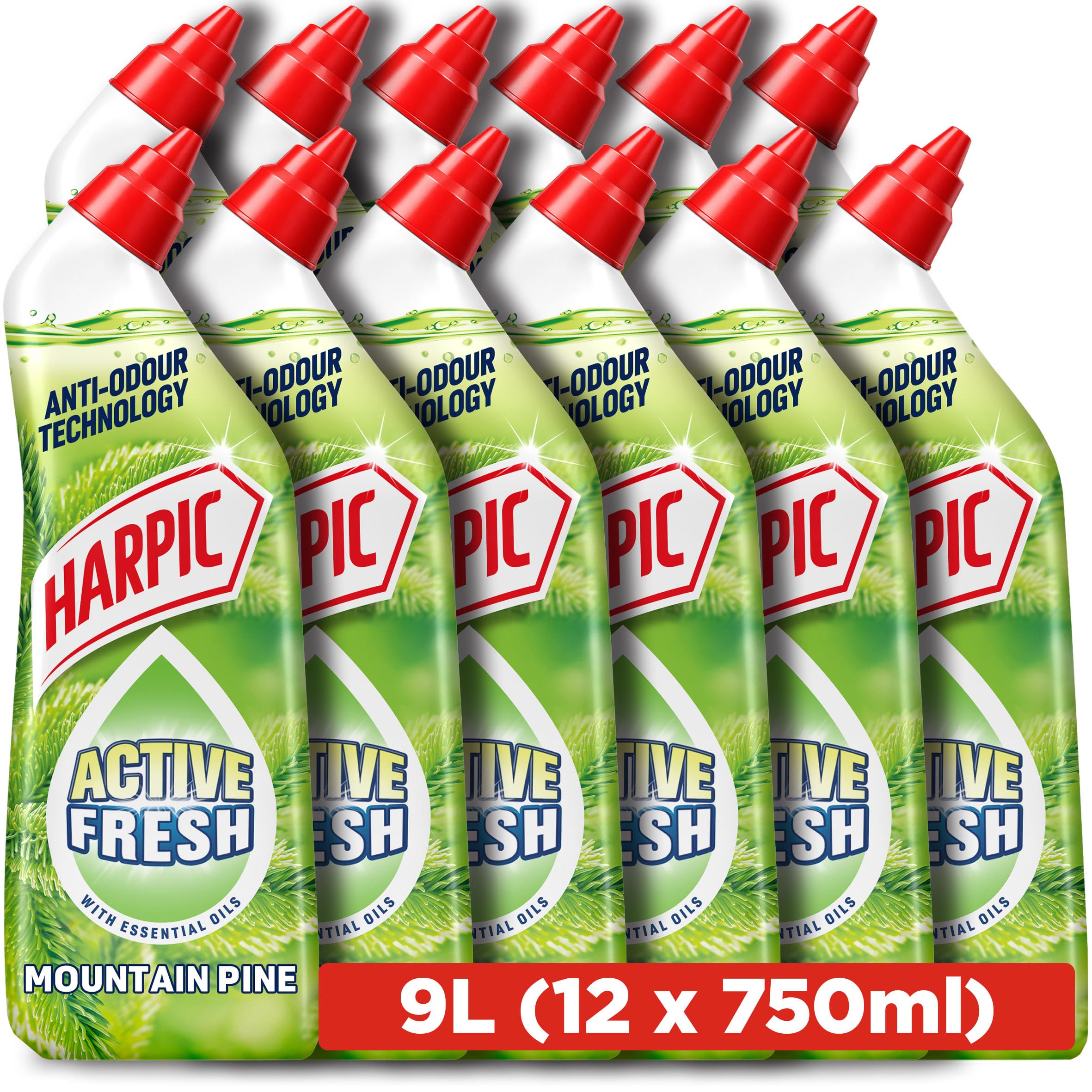 Harpic Active Fresh Toilet Cleaning Gel, Mountain Pine, 750ml (12 x 750ml, Total 9.0L), with Essential Oils, Anti-odour, Toilet Cleaner, Kills 99.9% of Bacteria