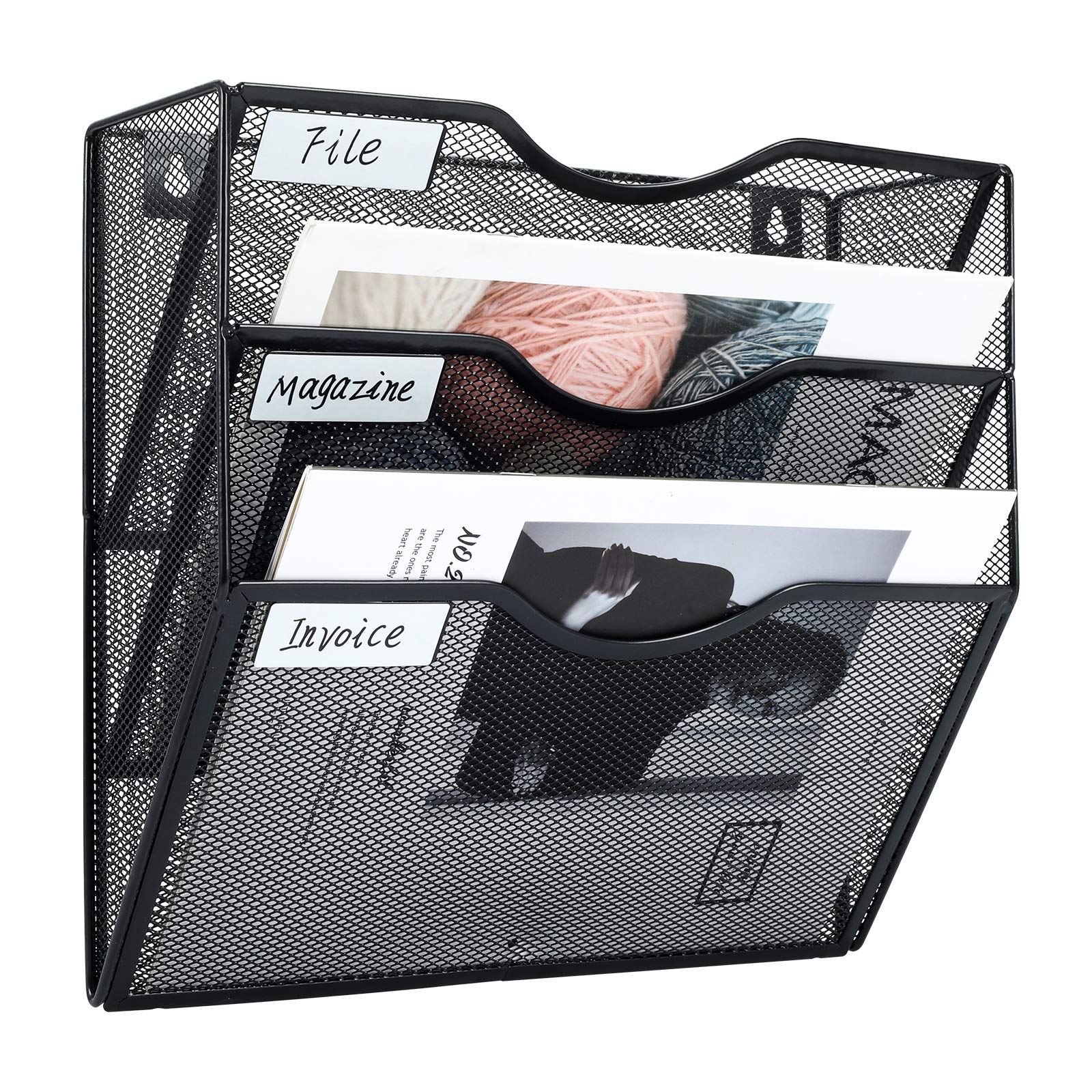 PAG 3-Tier Hanging Wall File Holder Mail Organizer Wall Magazine File Letter Rack,Mesh Metal A4 Wall Mounted Document Holder Paper Storage,Black