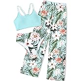 NECIOUS Girls Swimsuit, 3 Piece Bikini Bathing Suit Tropical Floral Swimwear with Cover Up Pants 7-16Y