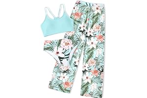 NECIOUS Girls Swimsuit, 3 Piece Bikini Bathing Suit Tropical Floral Swimwear with Cover Up Pants 7-16Y