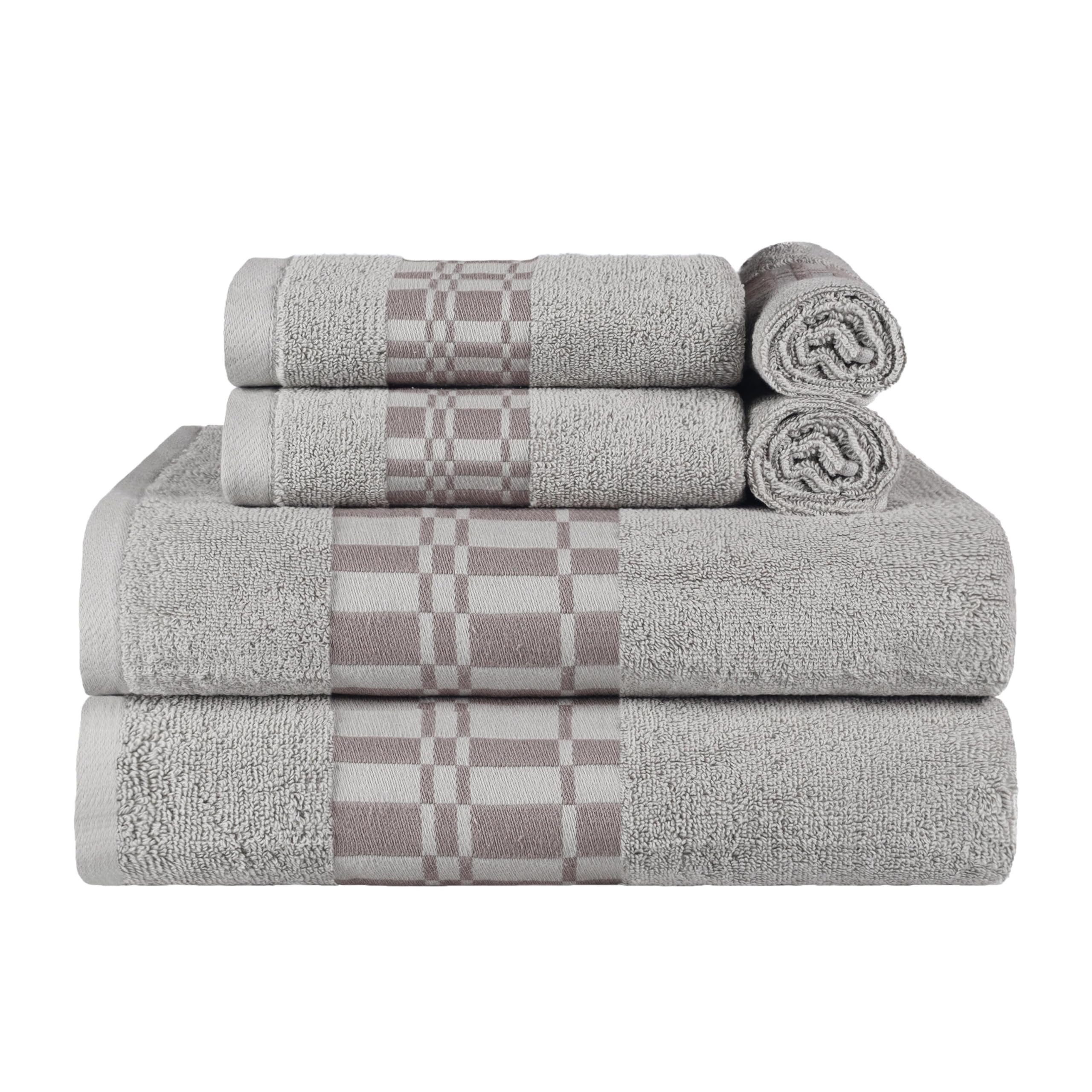Superior 6-Piece Cotton Towel Set, Geometric Design, Dobby Border, Plush Quick Dry Towels, Decorative Bathroom, Spa, Includes 2 Bath, 2 Hand, 2 Face Towels/Washcloth, Larissa Collection, Chrome
