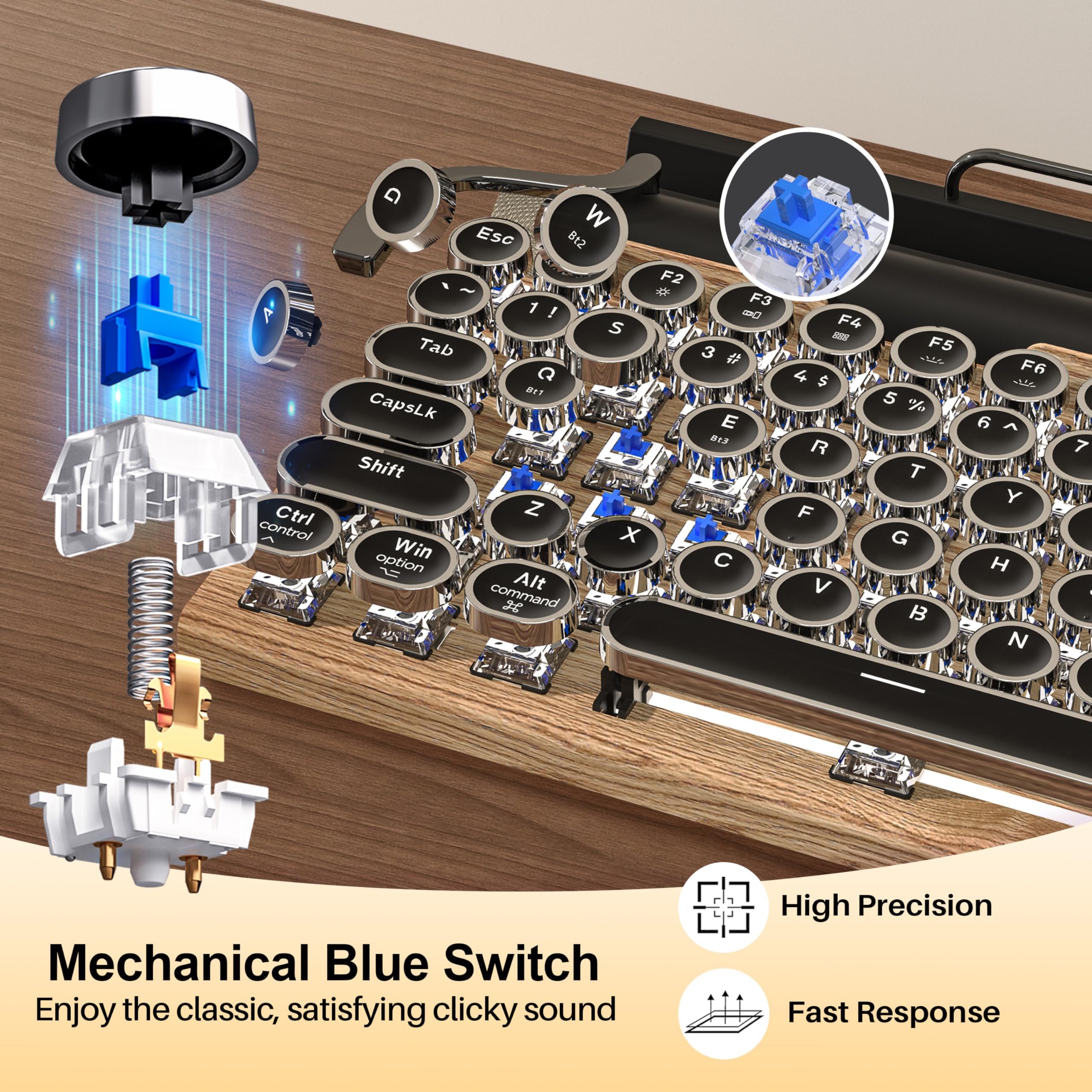 Retro Typewriter Wireless Mechanical Gaming Keyboard, Bluetooth 5.0 Office Computer Vintage Keyboards 83-Key Blue Switches Punk Round Keycap, LED Backlight, Compatible with PC/Laptop/Pad/Phone, Wood
