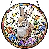 TNUW Bunny Flower Stained Glass Window Hanging, Cottagecore Rabbit Flower Sun Catchers Indoor Window Glass Round Wall Art Decor, Bunny Gifts, Rabbit Decor Wall Hanging Decorations, 7.9"x7.9"