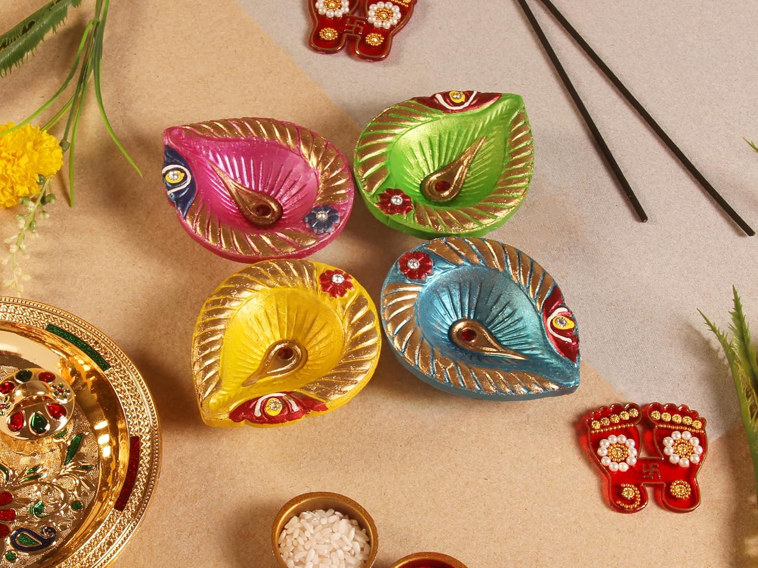 Oil Lamps & Accessories - Handmade Premium Set of 4 Multicolor Clay Diya for Diwali Navratri Decorations Oil Lamp Terracoaat Diwali Clay Diya Tea Light Holder Home Decor Festival Gifts Puja Items