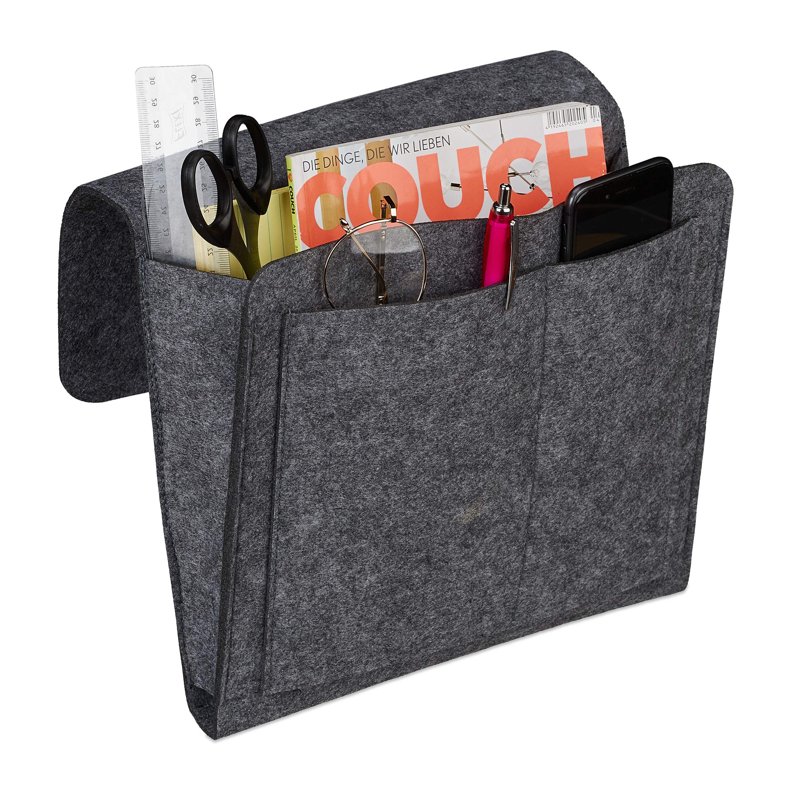 Relaxdays Bed Pocket, Hanging Bedside Storage, 5 Sections, Sofa & Armchair, Organiser, Felt, 27 x 31.5 x 5 cm, Dark Grey