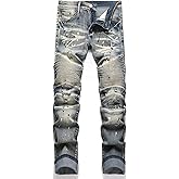 QIMYUM Men's Slim Fit Jeans Ripped Skinny Jeans for Men, Fashion Biker Jeans Stretch Moto Cargo Denim Pants