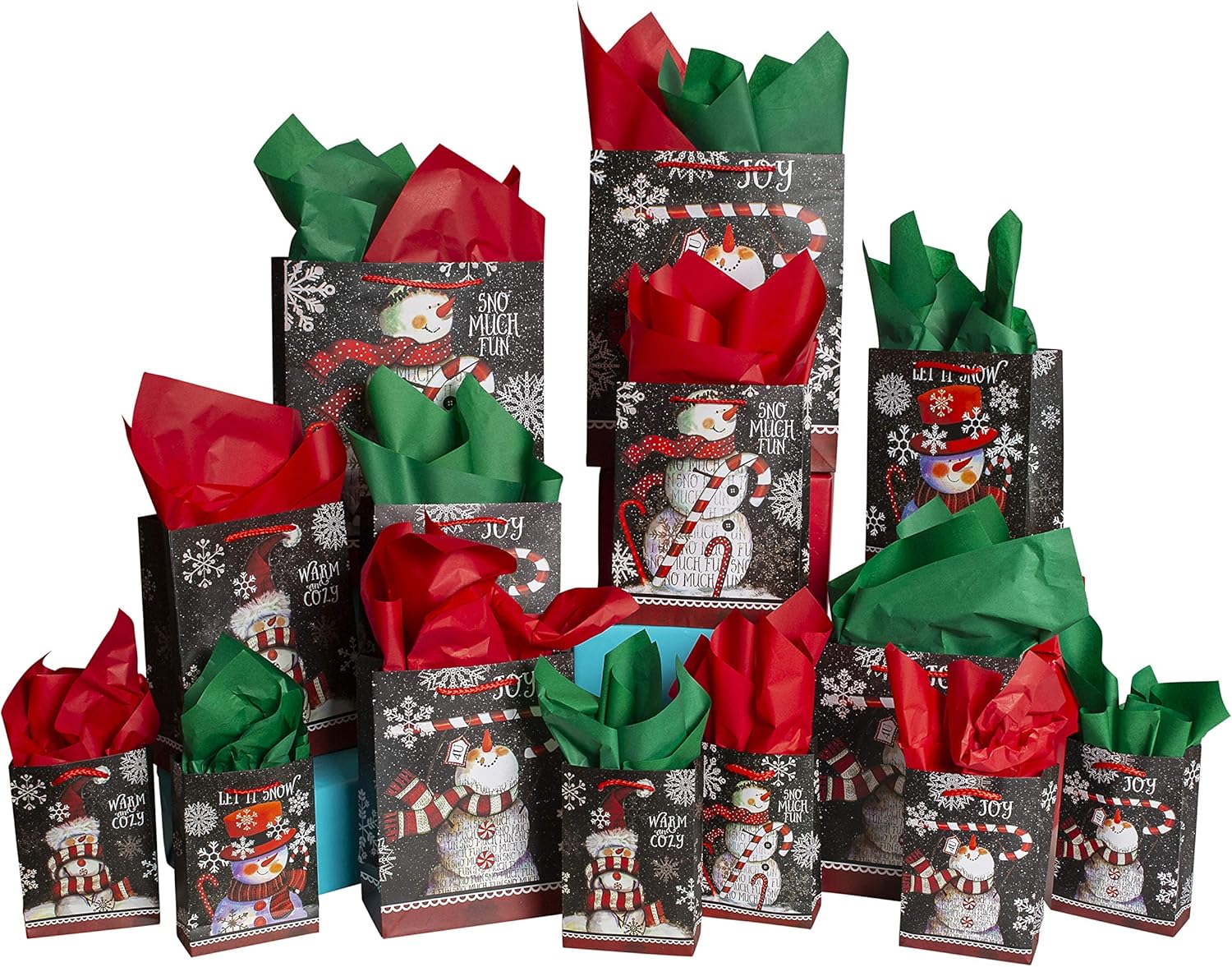 Amazon Com 42 Pc Chalkboard Snowman Gift Bag Set Unique Winter Christmas Design For Kids And Adults 14 Small Medium And Large Bags With 28 Red And Green Tissue Papers Best
