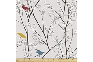 Ambesonne Nature Fabric by The Yard, Birds Wildlife Cartoon Image with Tree Leaf Art Printed Drawing, Decorative Material for Sewing Hobby DIY Projects Upholstery and Home Accents, 10 Yards, Mustard
