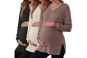 Sweetyweee 3 Pack Women's Ribbed Maternity Shirts, Long Sleeve V Neck Pregnancy Sweaters with Side Split Pregnant Clothes
