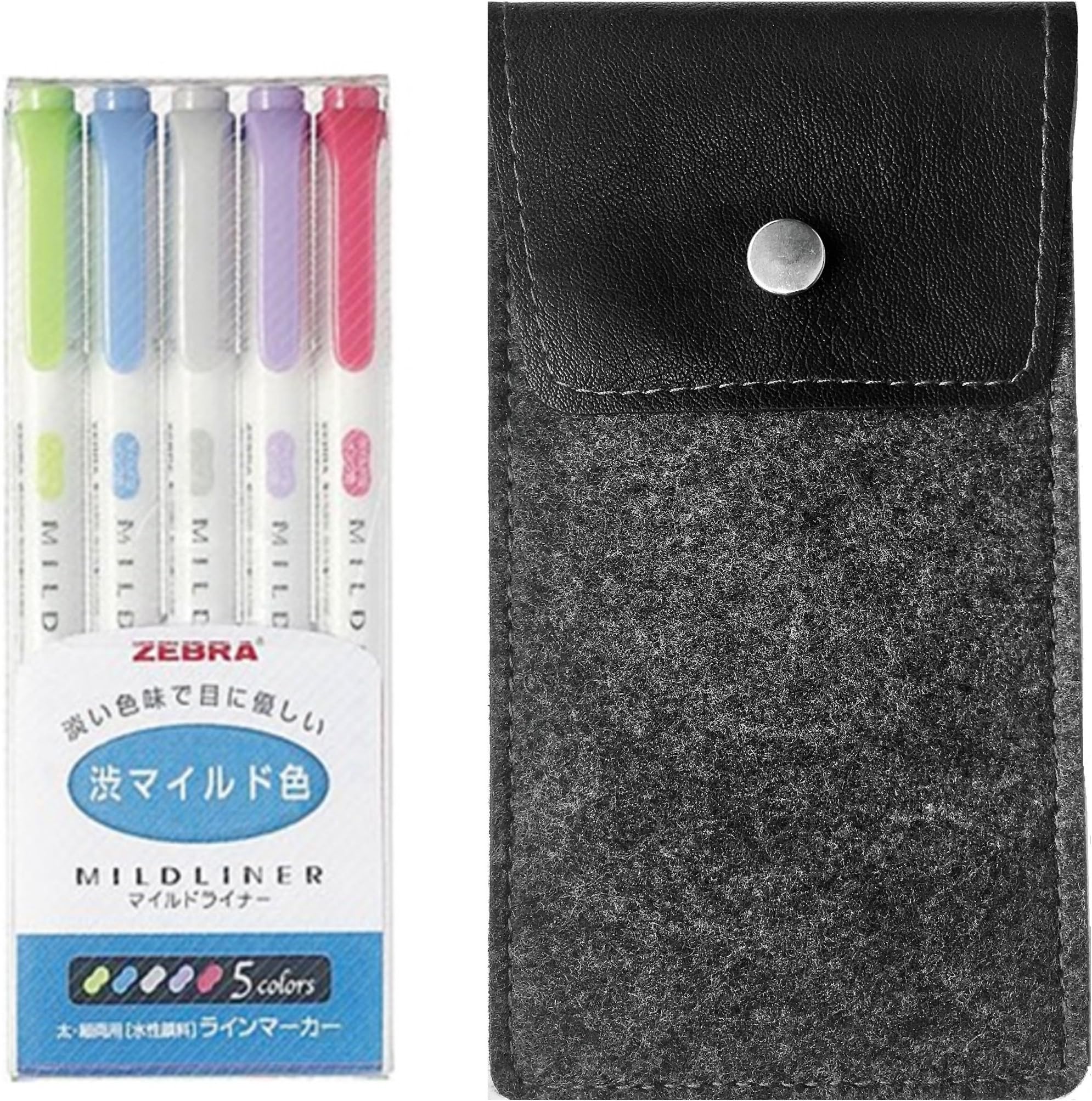 Zebra MILDLINER WKT7-5C-NC Highlighters Fluorescent Marker 5-Colour with Original Felt Pen Case