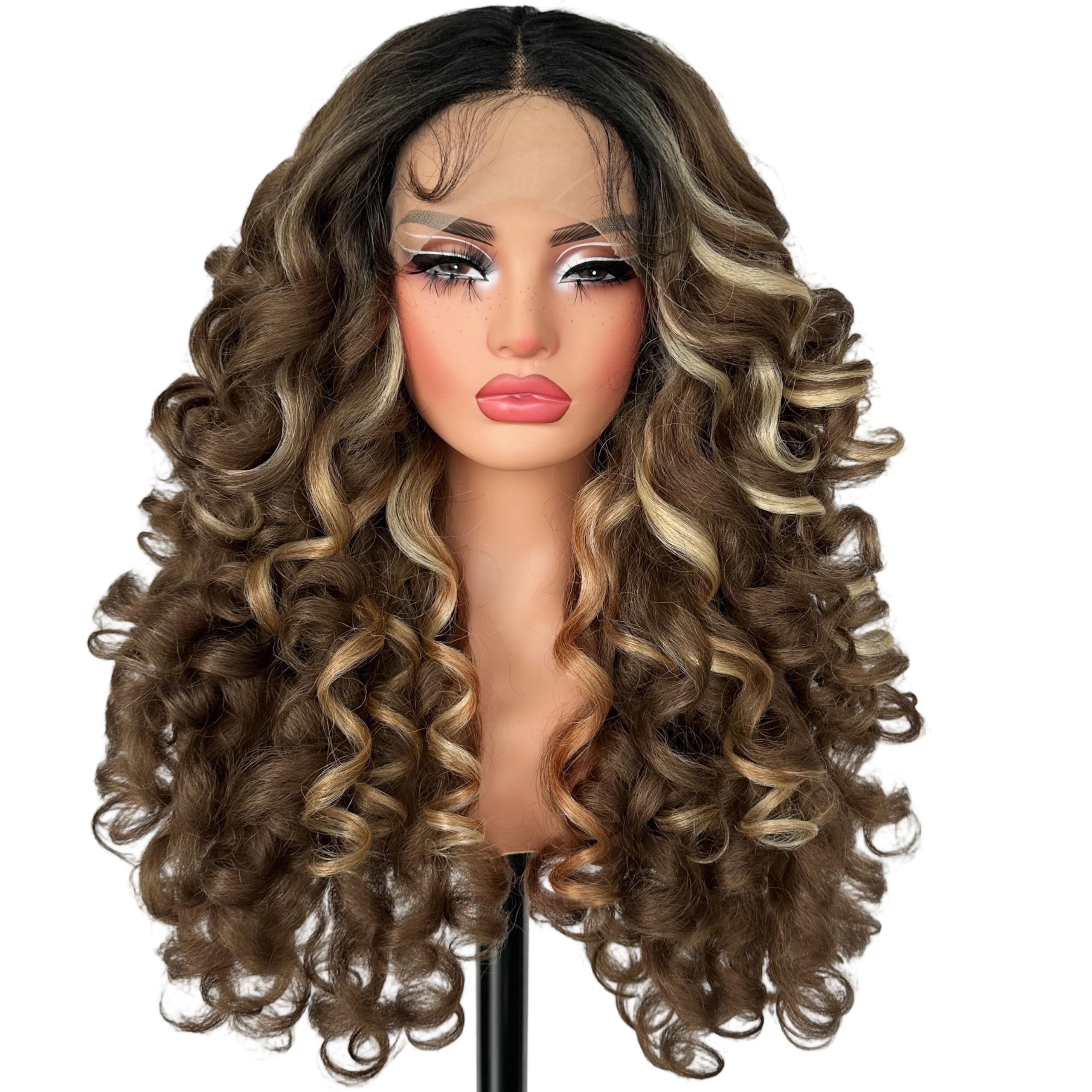 Photo 1 of SOKU Curly Lace Front Wig, Long Curly Golden Brown Wigs for Black Women 22 Inch 13x4x1 HD Lace Frontal Ombre Brown Blonde Skunk Stripe Pre Plucked Ready to Wear Gluegless Middle Part Wig