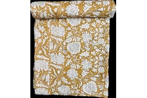 SAMBHAV QUILT HUB Hippie Floral Handblock Handmade Cotton Block Kantha Quilting Vintage Throw Blanket Hippie Queen/King Size Bohemian Bed Decor Quilt (Yellow, 60X90 inch)