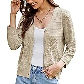 GRACE KARIN Women Lightweigt Crochet Knit Cardigan, 3/4 Sleeve Cropped Shrugs, Spring Button Down Sweaters Tops