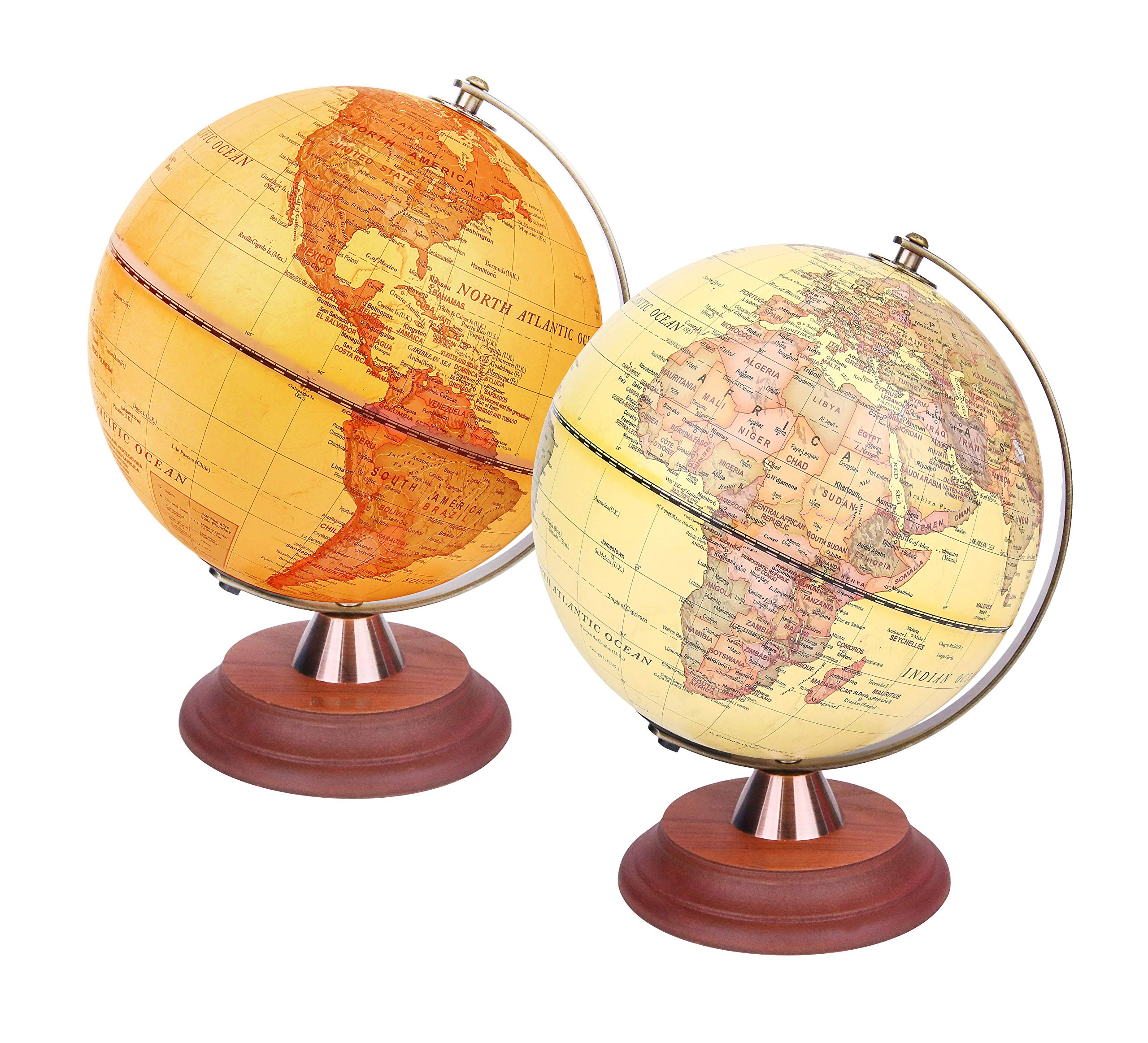 EXERZ Illuminated World Globe 20cm Antique Globe Wooden Stand Metal Arc, Light up LED Lamp, Vintage Colour Modern Map