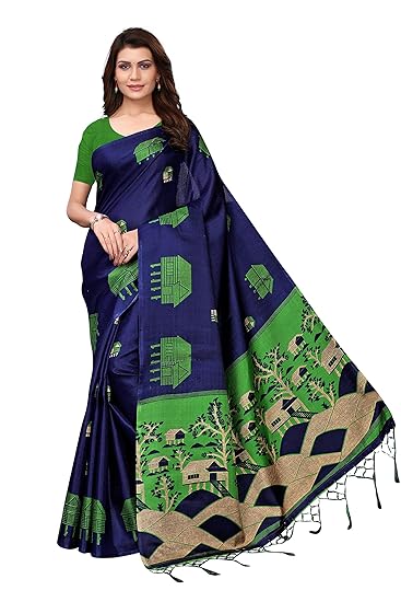 Poly Silk Blue & Green Printed Womens Saree With tassels