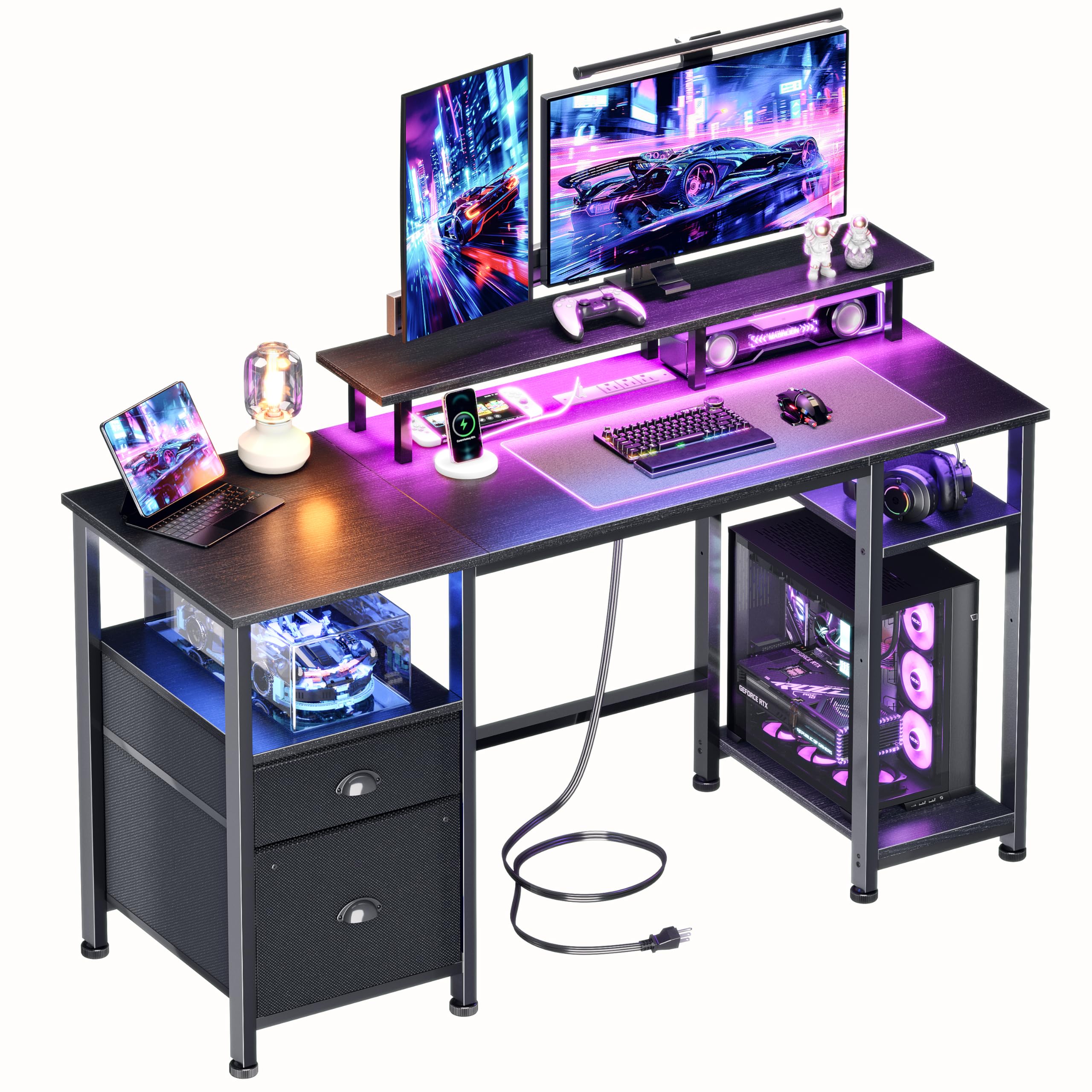 Furologee 51" Gaming Desk with Power Outlets & LED Lights, Reversible Computer Desk with File Cabinet & Monitor Stand for Home Office, Large Work Table with Storage Shelves & Drawer, Black