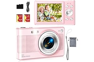 SECHKISS Upgrade Digital Camera, 56MP FHD 1080P Camera for Kids with 16x Zoom Anti Shake, Kid Camera with 32GB TF Card, Two Batteries, Lanyard, Compact Small for Kids Boys Girls（Pink）