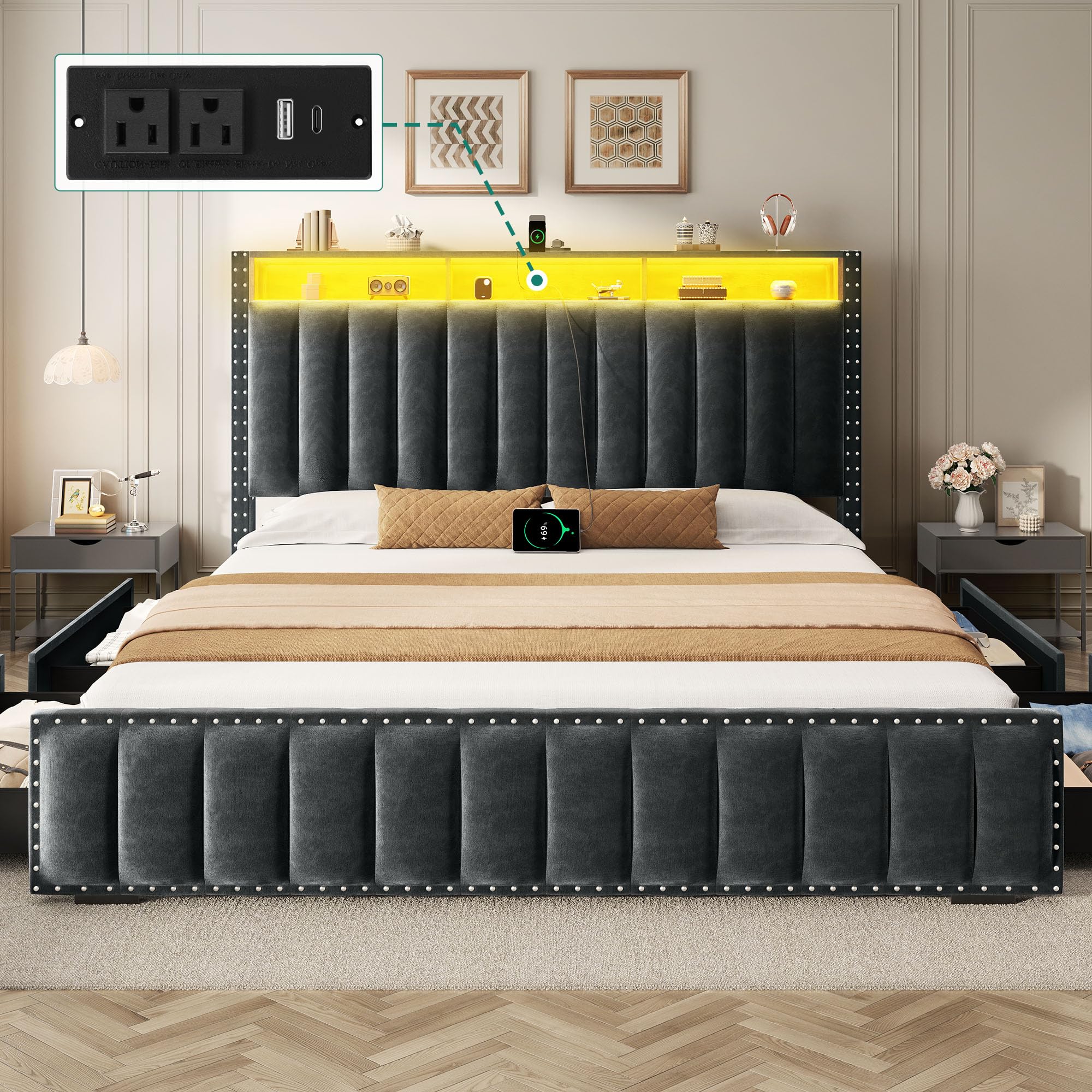 YITAHOME King Size Bed Frame with 4 Storage Drawers and RGB LED Lights ...