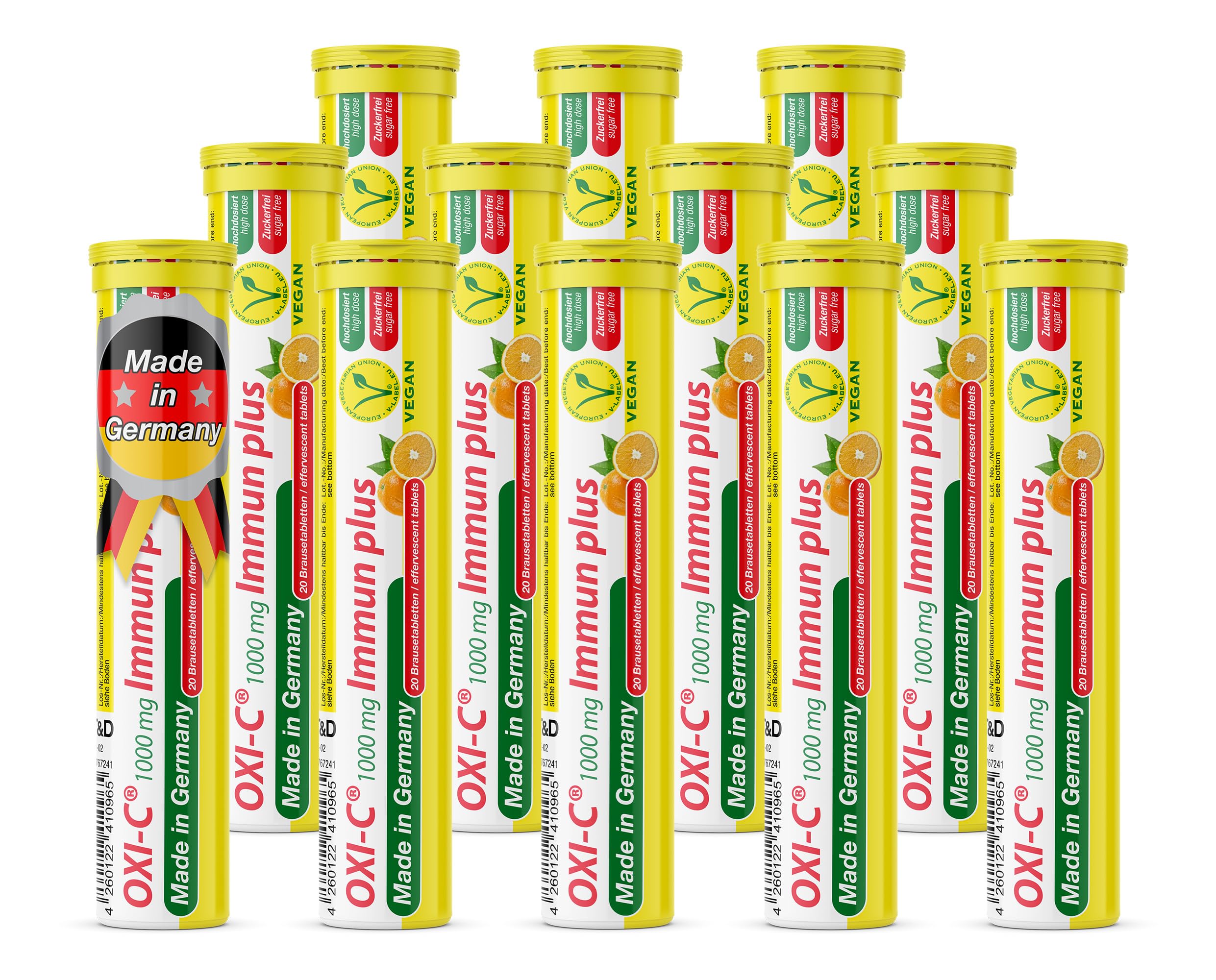 Vitamin C 1000 mg - 12 x 20 effervescent Tablets - Orange Flavour - Vegan - T&D Pharma Oxi-C Immun Plus - Made in Germany
