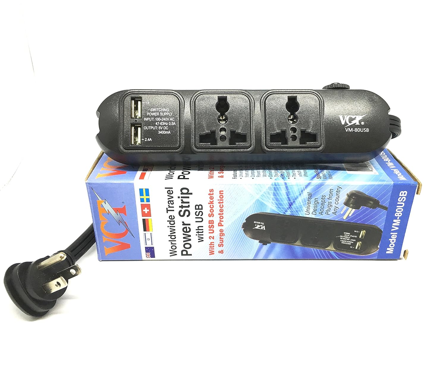 VCT VM80USB Universal Power Strip with USB Charging Ports and 2
