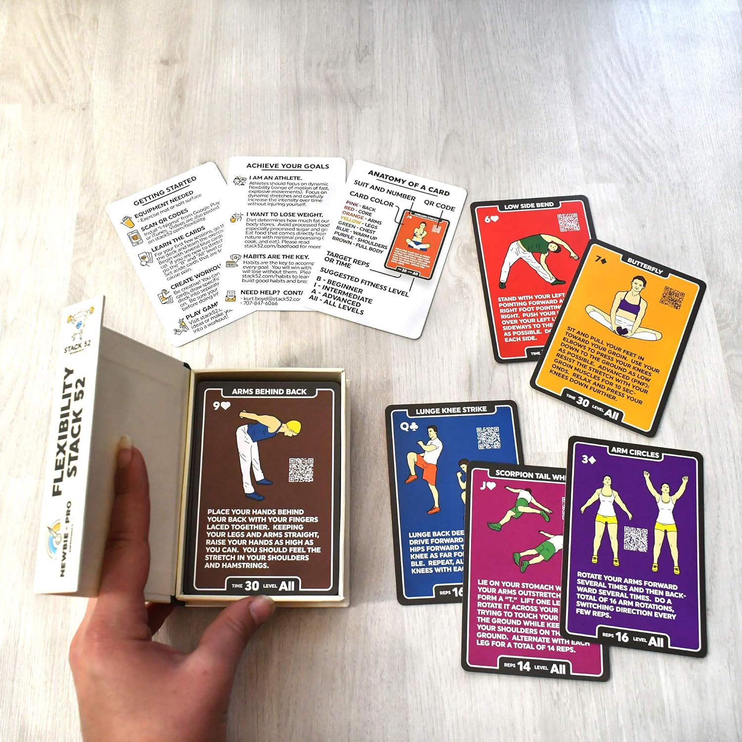 Stack 52 Flexibility Exercise Cards. Learn Static and Dynamic Stretches. Video Instructions Included. Perfect for Workout Warm Ups and Cooling Down. Increase Joint Range of Motion. (Updated Deck) - Image 3