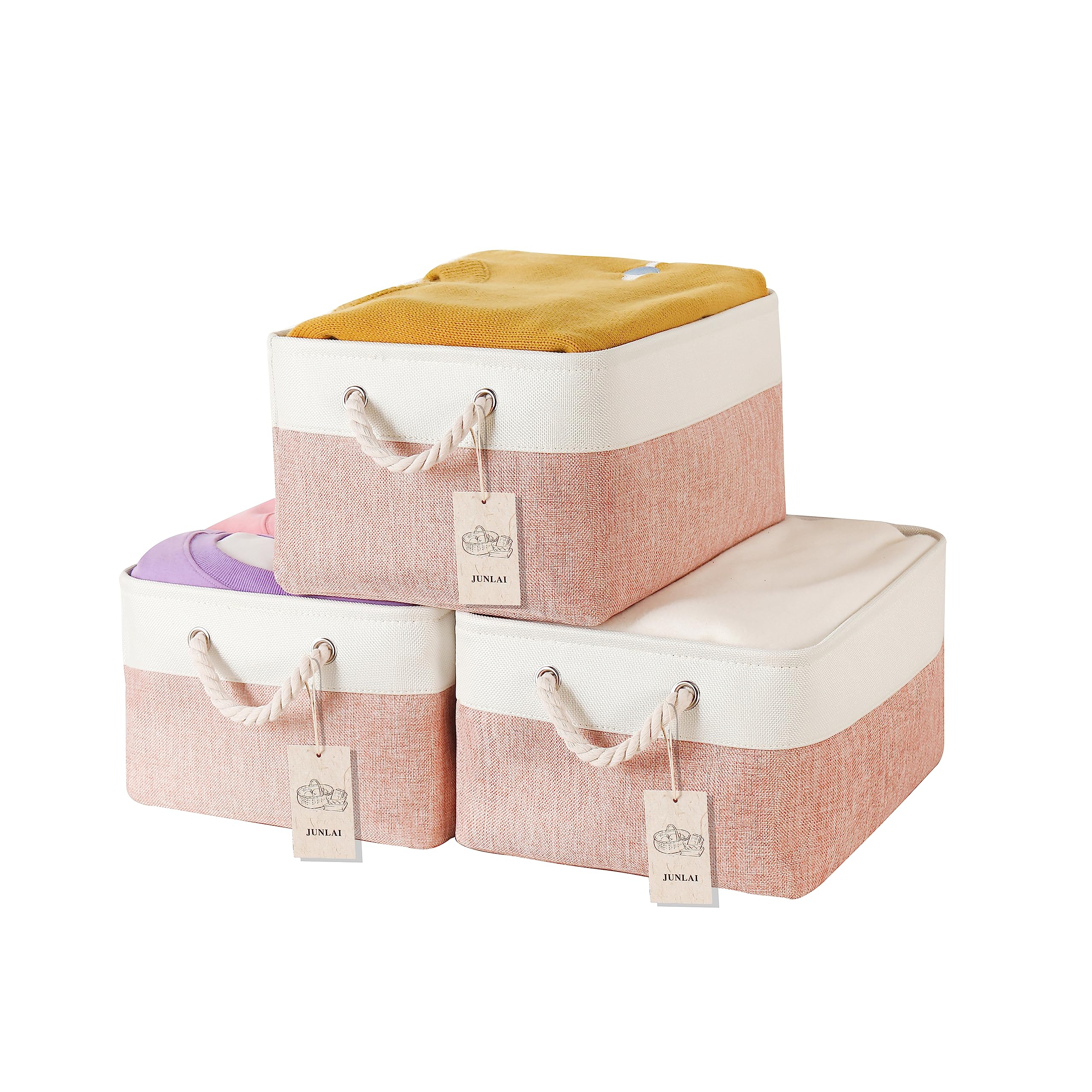 JUNLAI 3 Pcs Storage Baskets with Handles, Foldable Small Storage Boxes, Fabric Wardrobe Storage Basket for Office & Home, Book, Clothes, Toys(Pink and White, Small) — image 1