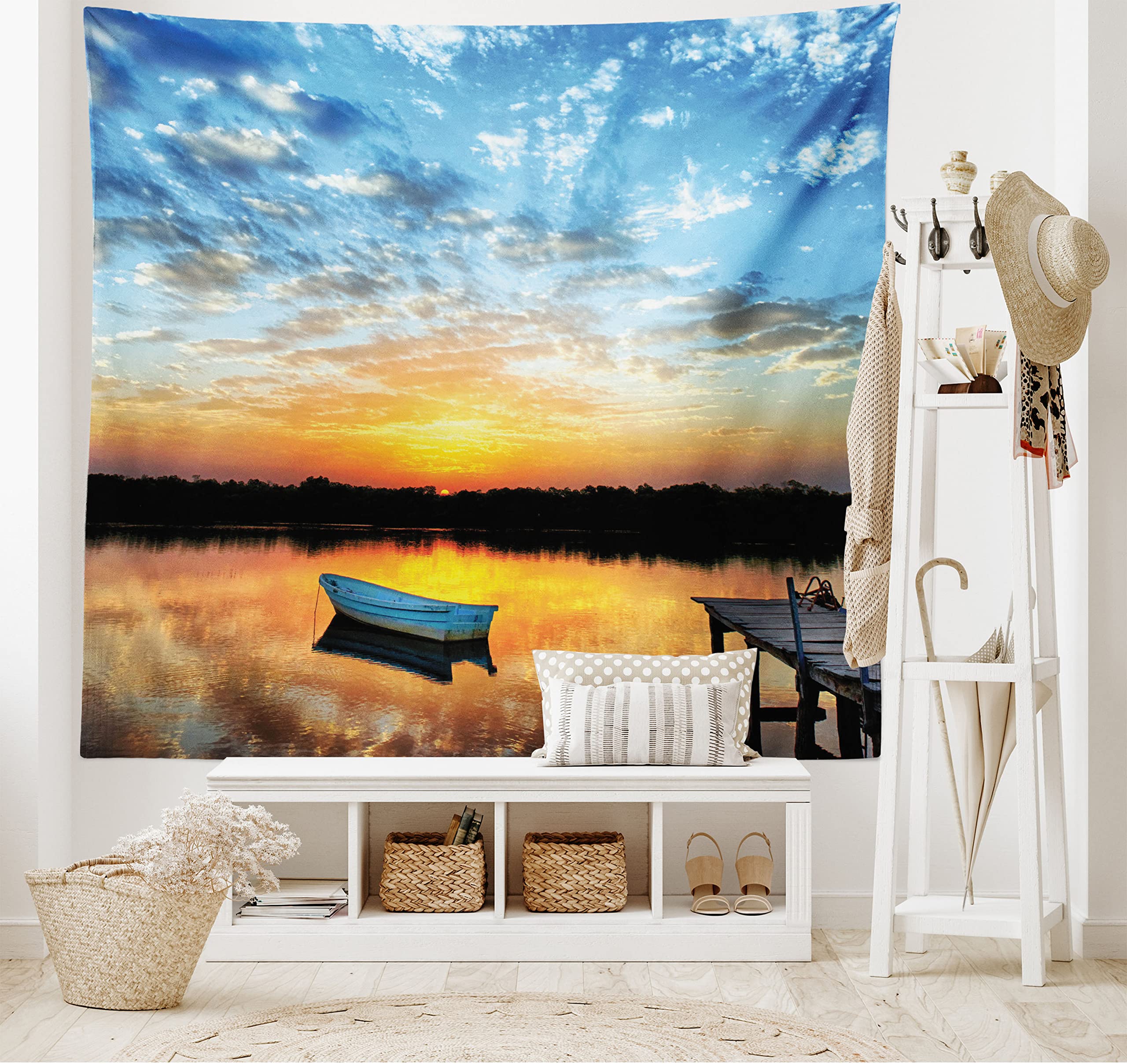 ABAKUHAUS Nautical Tapestry, Little Fishing Boat on Pond Tranquil Sunrise Water Reflection Picture, Fabric Wall Hanging Decor for Bedroom Living Room Dorm, 230 x 140 cm, Sky Blue Yellow Black