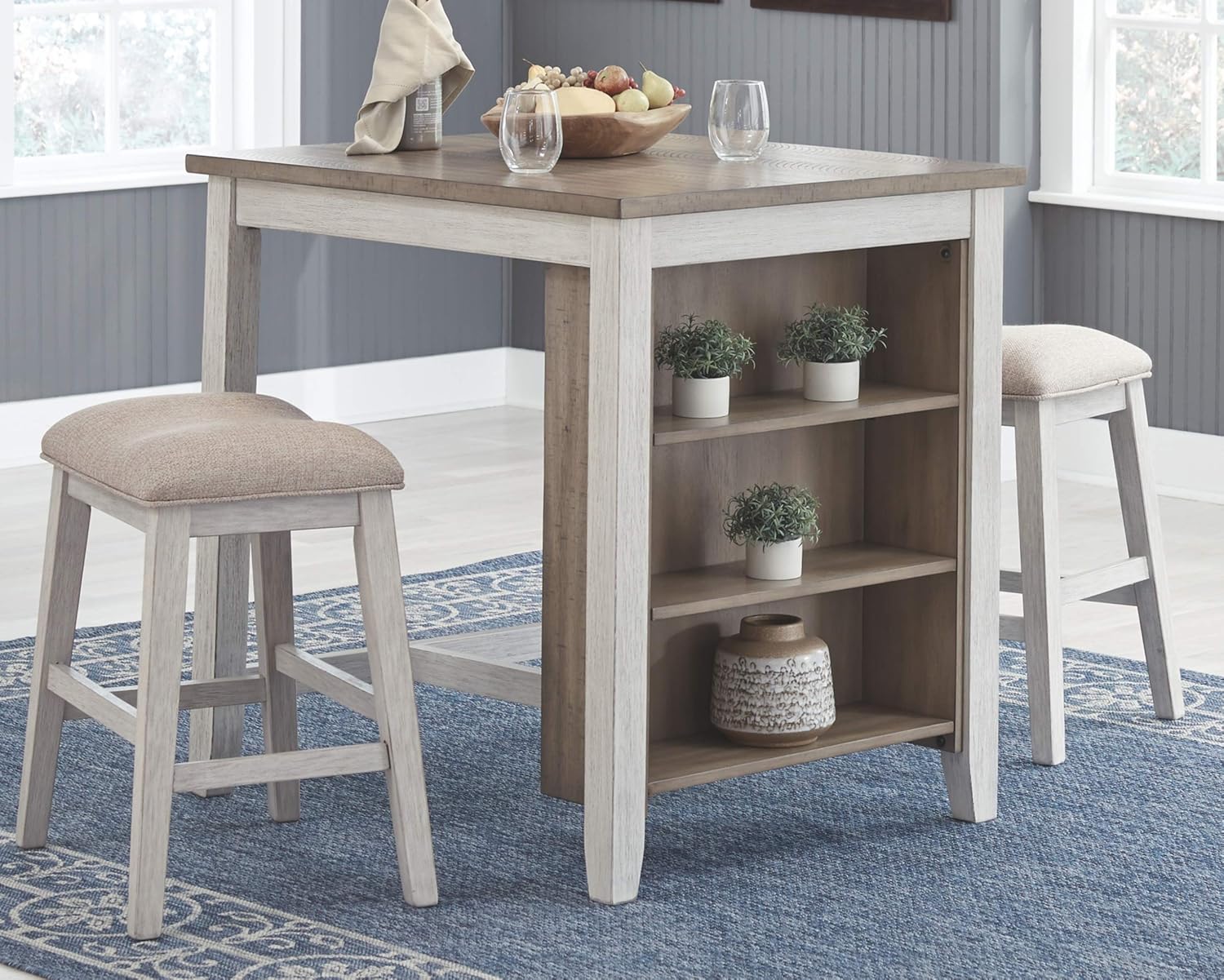Signature Design by Ashley Skempton Counter Height Dining Room Table and Bar Stools (Set of 3), White/Light Brown - Table & Chair Sets
