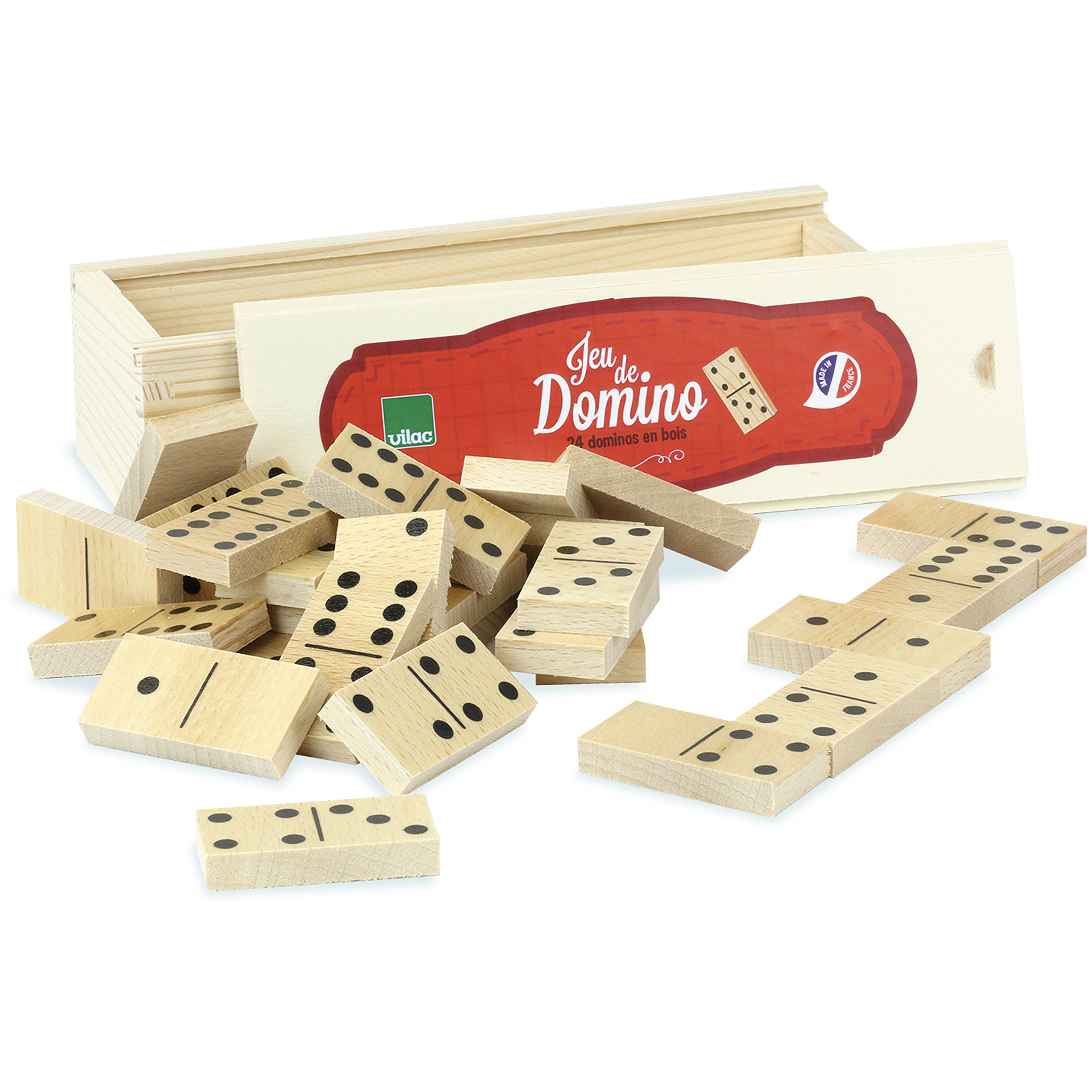 Vilac Wooden Dominoes Game for Kids and Adults, Great for Travelling, Made In France, Classic (in Handy Wooden Box), 24 Pieces, 20 x 5 x 7 cm, 5 Years+