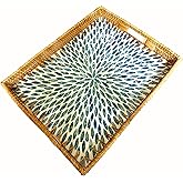 i-lan 18inch Rectangle Rattan Woven and Blue Mother of Pearl Dining Room Table Serving Tray Display Basket with Cutout Handles,Living Room Boho Wicker and MOP Coffee Table Serving Tray Décor