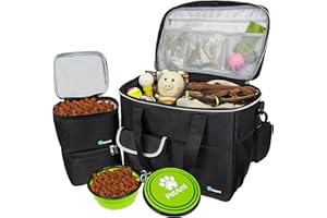 PetAmi Dog Travel Bag - Organizer with Food Container, Bowls & Accessories for Weekend Camping, Cat Diaper Bag (Black, Large)