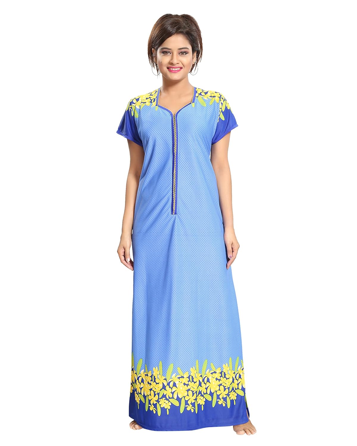 tucute women's floral print border nighty/night gown/nightwear/nightdress/sleepwear with long zip pattern