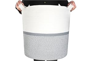 MINTWOOD Design 83L Extra Large 20x18 Inches Decorative Woven Cotton Rope Basket, Tall Laundry Basket Hamper, Blanket Basket for Living Room, Round Storage Baskets for Pillows, Towels, Light Grey Mix