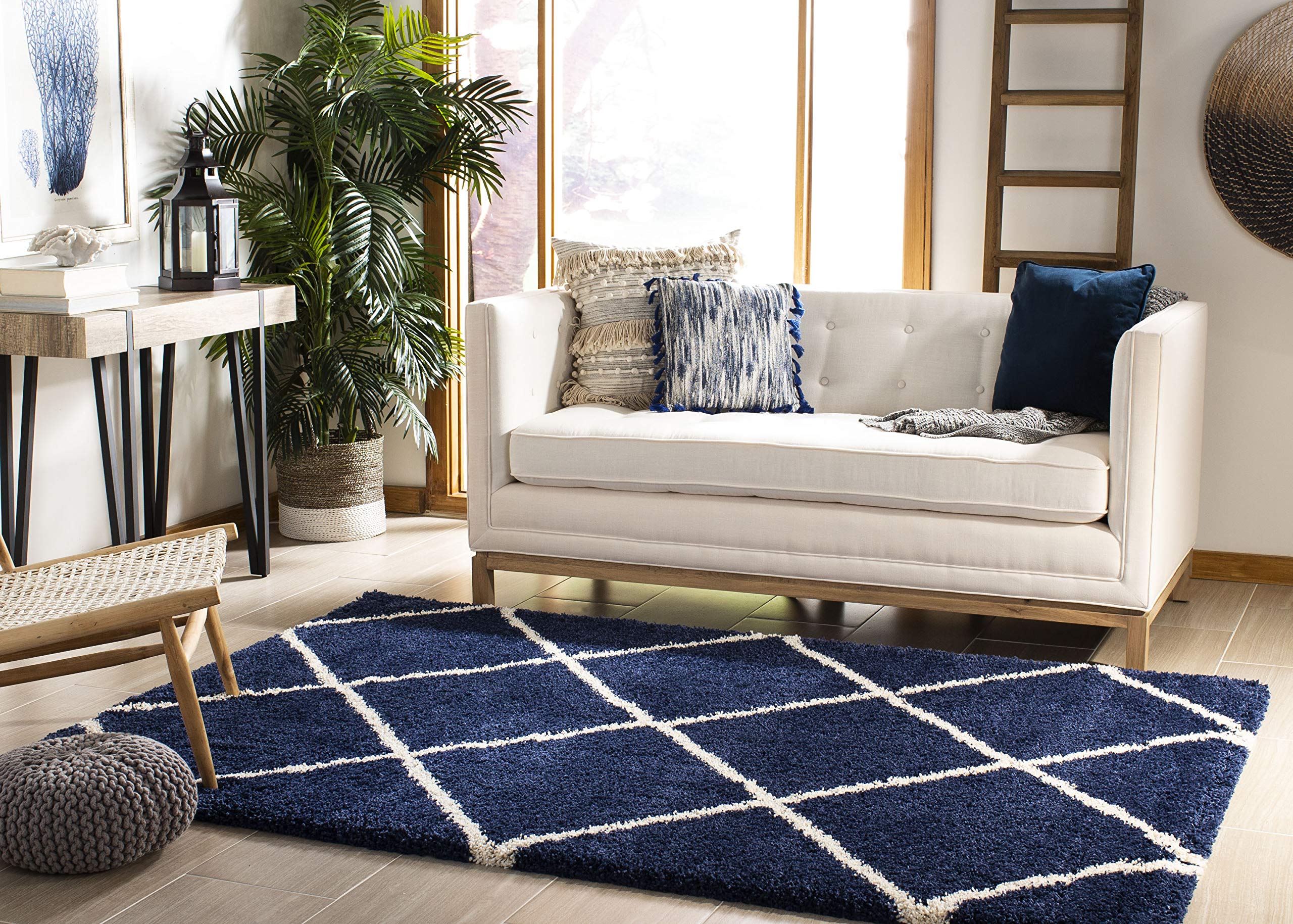 SAFAVIEH Hudson Shag Collection Area Rug – 5’3″ x 7’6″, Navy & Ivory, Modern Trellis Design, Non-Shedding & Easy Care, 2-inch Thick Ideal for High Traffic Areas in Living Room, Bedroom (SGH281C)