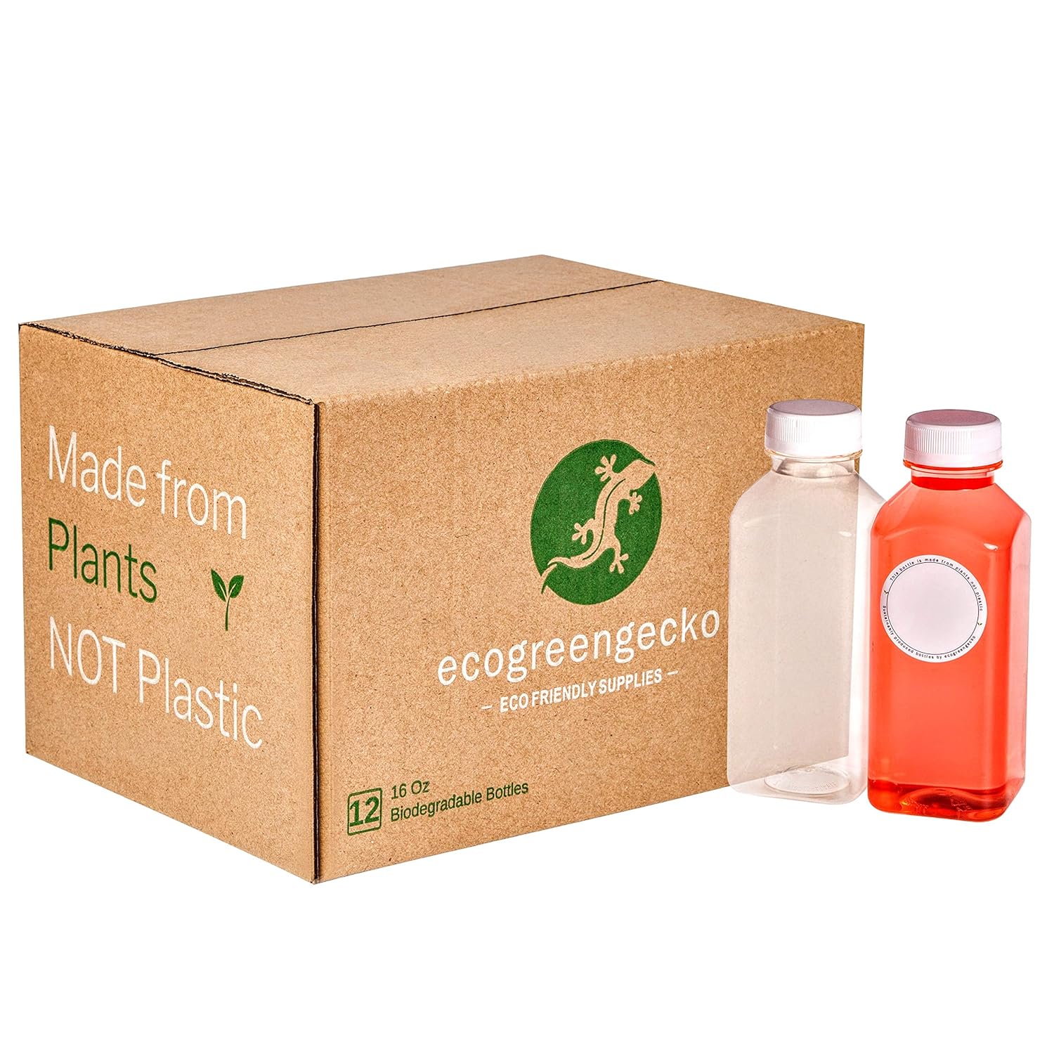 16 Oz Empty COMPOSTABLE Non Plastic Clear Juice Bottles - 12 Pack. Reusable with Lids and Labels. Eco-Friendly, Biodegradable, Plant Based Alternative. Perfect for Drinks, Water, Smoothies, Juicing