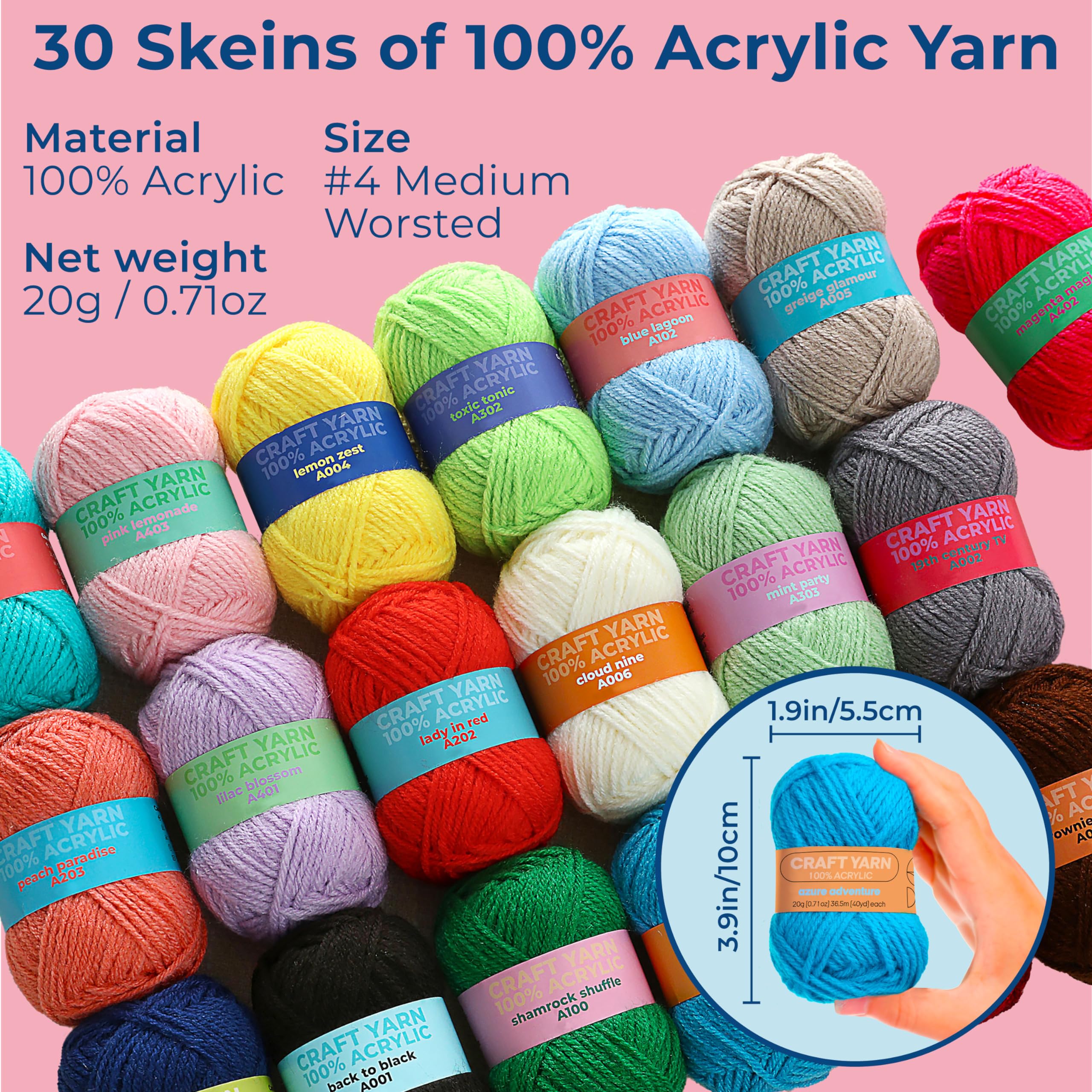 CRAFTWIZ 100% Acrylic Yarn for Crocheting and Knitting - 30x20g Skeins of #4 Worsted Weight, 1200 Yards of Soft Yarn, Perfect for Amigurumi and Other Small Crafts Projects