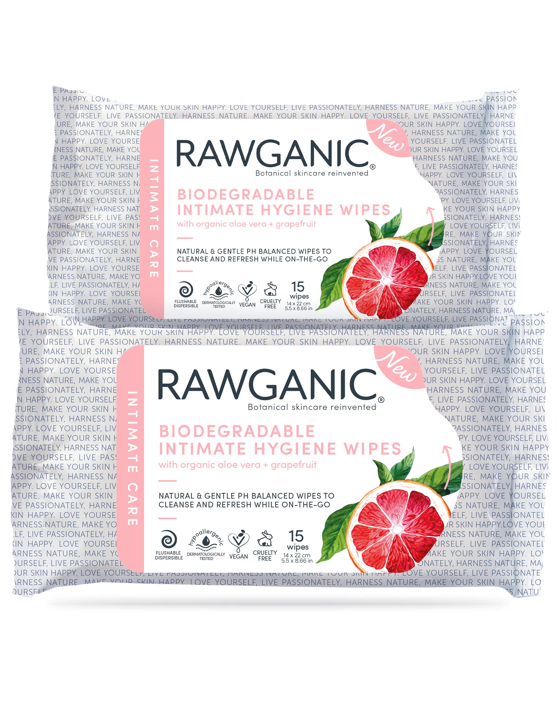 RAWGANIC Organic Intimate Hygiene Wipes | Hypoallergenic, Alcohol-Free, Fragrance-Free Flushable, Biodegradable Intimate Pre-Waxing Wipes | with Grapefruit and Aloe Vera | 2 Packs (30 Wipes in Total)