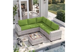 Muphyers 6-Piece Outdoor Patio Furniture Set Wicker Sectional Sofa Set, Patio Conversation Set with Thickened Cushions & Coffee Table for Garden, Backyard, Poolside, Avocado Green