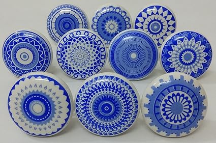 Blue And White Color Flat Ceramic Door Knobs Kitchen Cabinet Knobs