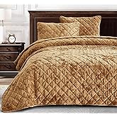 Chezmoi Collection Lux Caramel Gold Velvet Quilt Oversized King Set, 3-Piece Plush Distressed Velvet Bedding All Season Lightweight Comforter Brushed Microfiber Reverse with Diamond Stitch Quilting