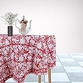 90’’ Round Red Floral 100% Cotton Hand Block Print Tablecloth, Rectangle Washable Table Cover - Dining, Parties, Outdoors, Weddings, Thanksgiving, Christmas Parties Decor, Dining Party Buffet
