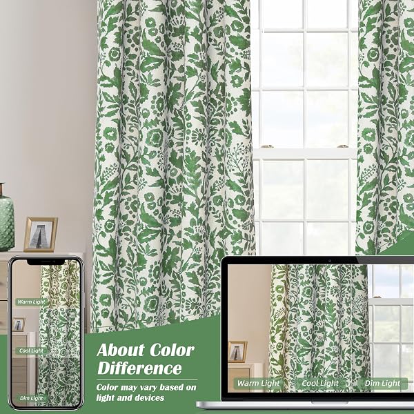 DRIFTAWAY JULIA 100% BLACKOUT LINEN CURTAINS FOR BEDROOM GREEN FLORAL WATERCOLOR PATTERN DOUBLE LAYER THERMAL INSULATED SOUND REDUCING DRAPE FOR LIVING ROOM GROMMET 2 PANELS EACH W52 X L96 LINEN GREEN
