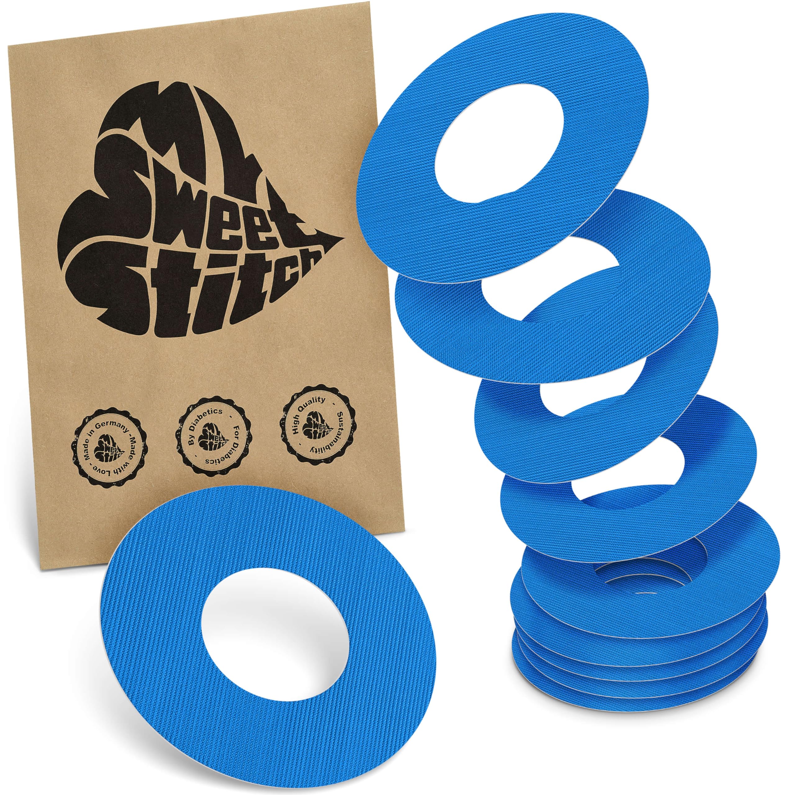 MySweetStitch - 10 x Freestyle Libre 1 & 2 Patches, Ring Patch Ø 65mm, Inner Ø 28mm, Waterproof, Breathable, Skin-Friendly, Made in Germany, Blue