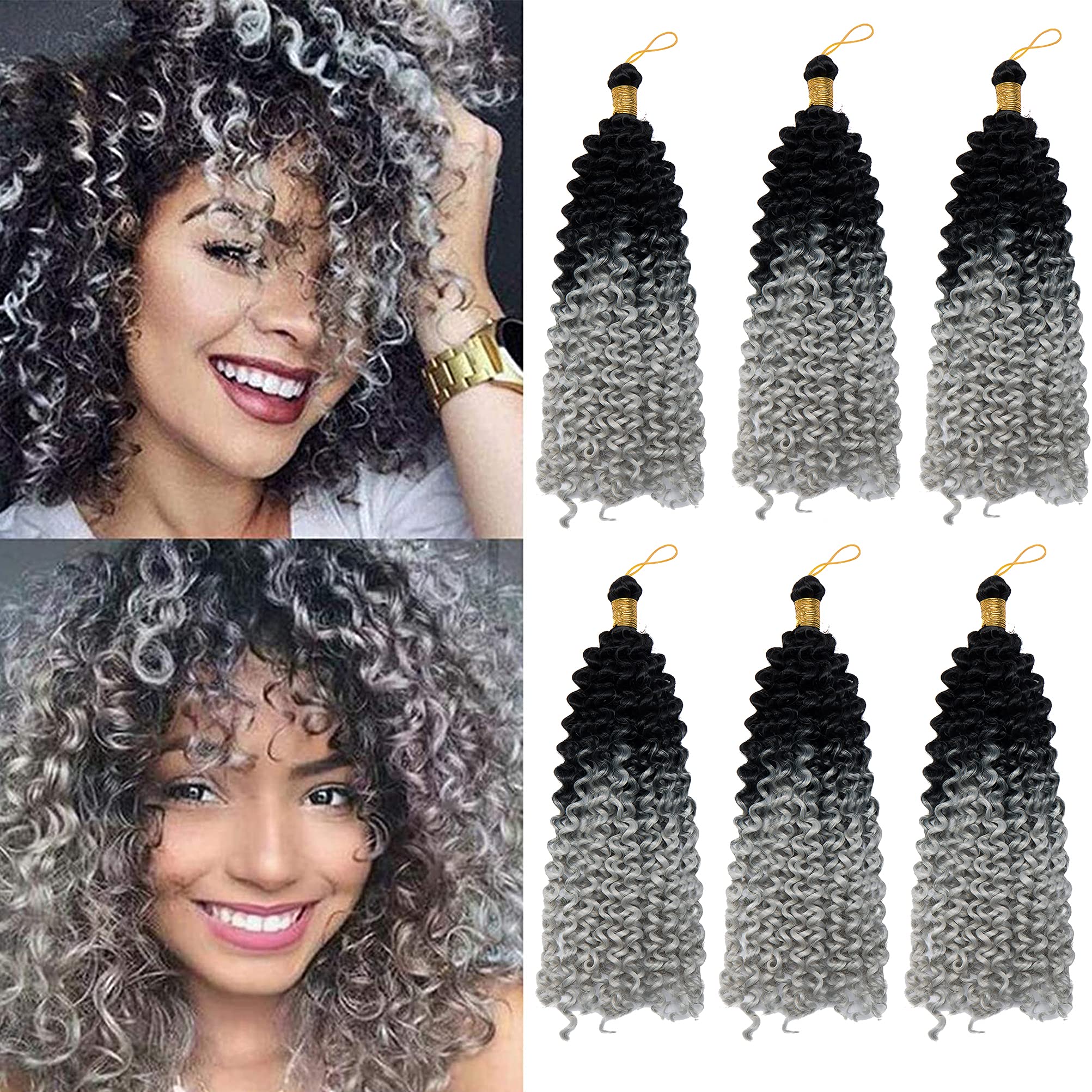 Marlybob Crochet Braids Hair Extension 14 Inch Deep Water Wave Braiding Hair Kinky Curly Afro Jerry Curl Marley Bob Twist Braid Hairpiece Synthetic Hair Extension 3 Bundles Black to Silver Grey