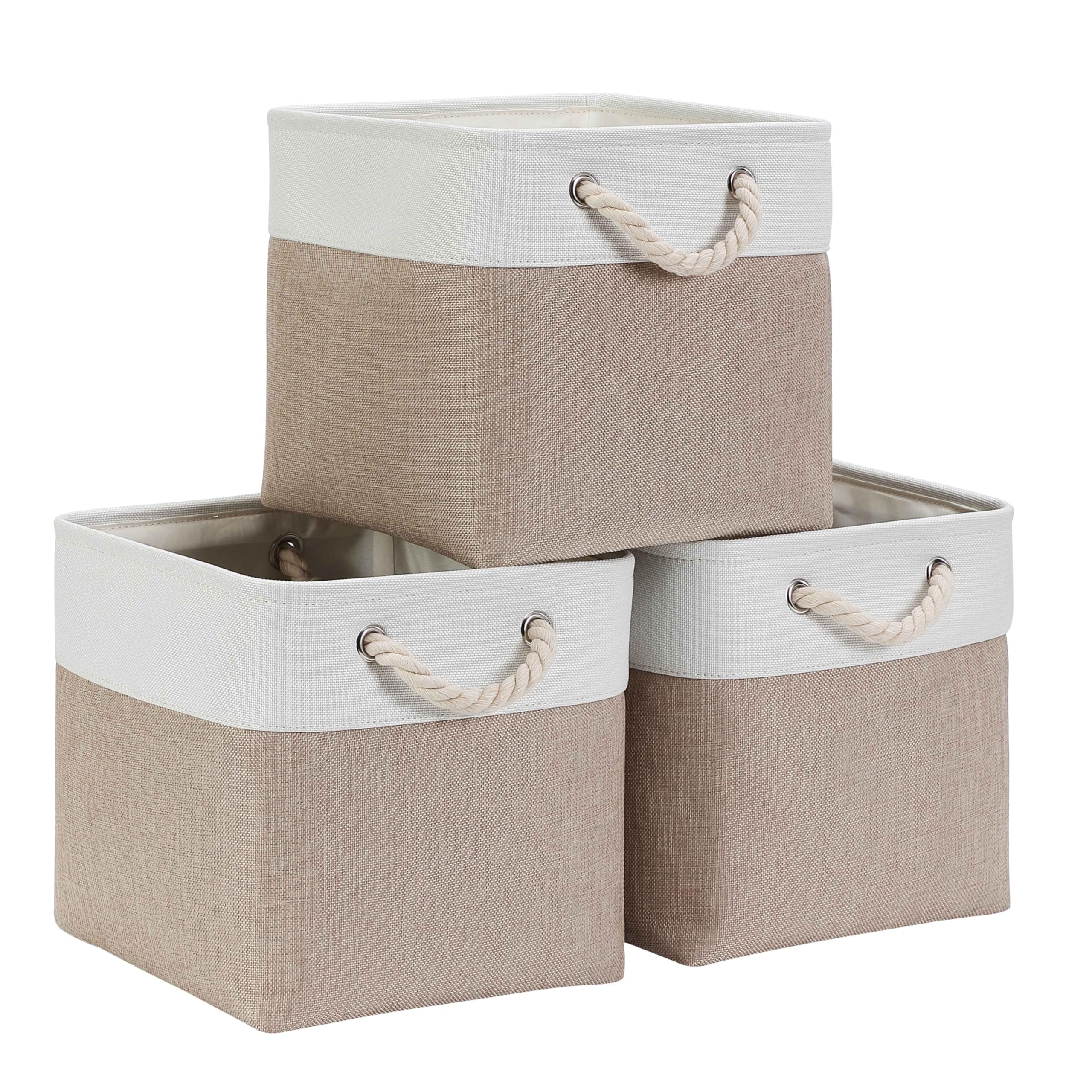 Mangata Cube Storage Boxes 25x25x25cm, Fabric Storage Basket for Cupboards, Shelves, Closet, Light Khaki White（3 Pack）