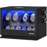BEWISHOME 4 Watch Winders for Automatic Watches, 6 Display Case LED 4 Modes | Automatic Watch Winder Box with Japanese Quiet Motor USB-C Adapter, Black SYQ04B